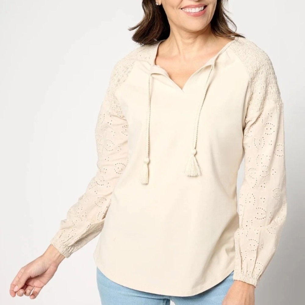 Belle by Kim Gravel Eyelet Everything Mixed Media Top Sand Bar A637449 Small